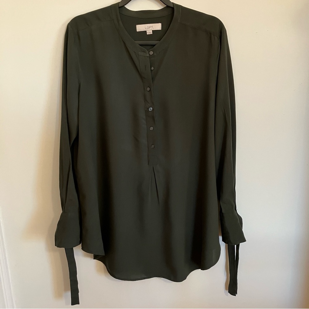 LOFT Dark Green Button-Up Blouse with bow tie sleeves